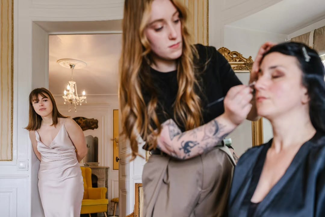 Priscillia se fait maquiller pendant les préparatifs de son mariage au Château de Hattonchâtel.