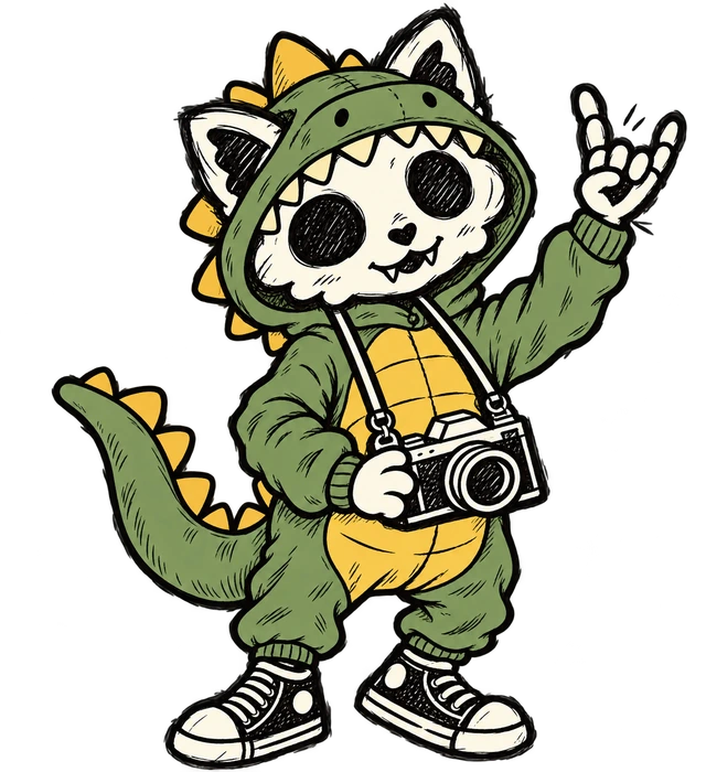 Chat photographe en costume de dinosaure vert et jaune, faisant le signe rock